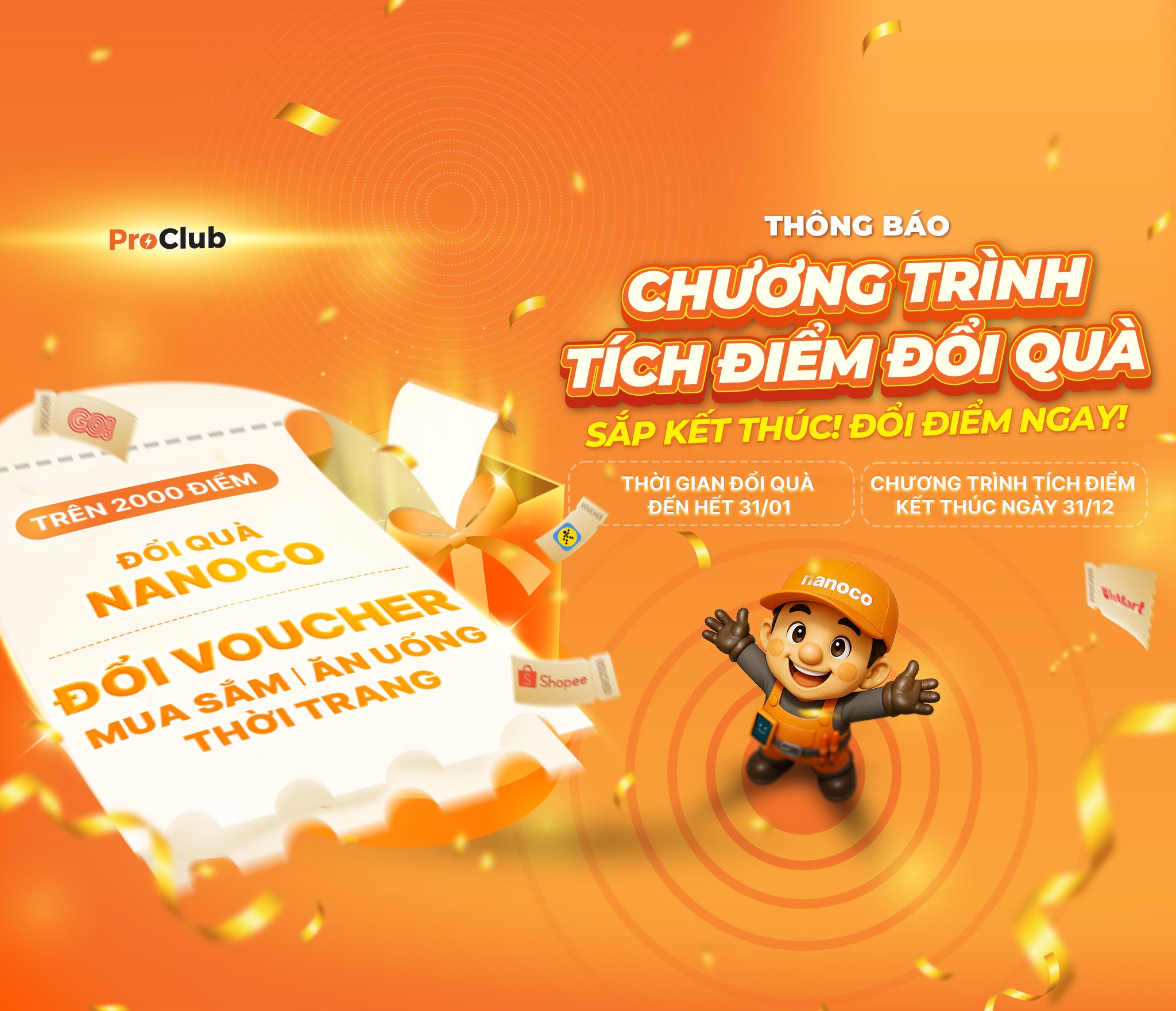 PROCLUB  THÔNG BÁO KẾT THÚC CHƯƠNG TRÌNH TÍCH ĐIỂM ĐỔI QUÀ