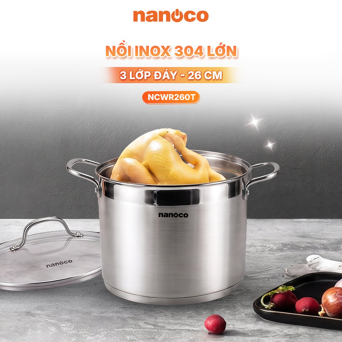 Nồi inox 304 lớn, 26cm